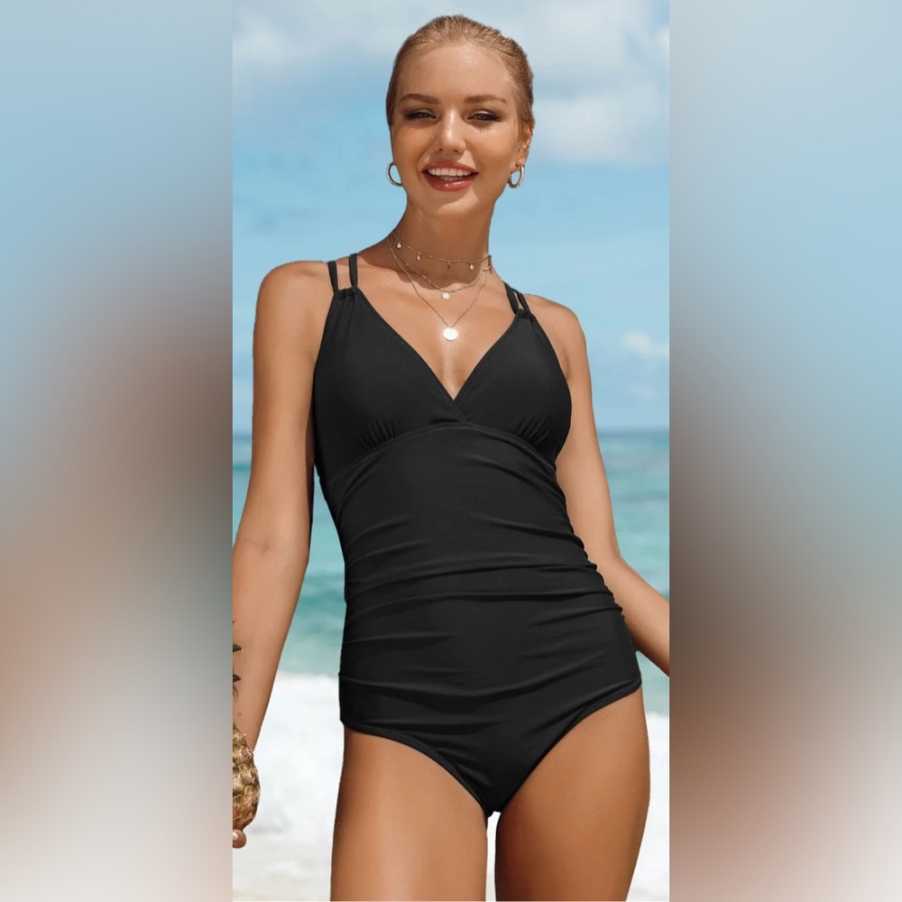 Charmo V Neck Tummy Control Criss Cross One-Piece Swimsuit Size Large